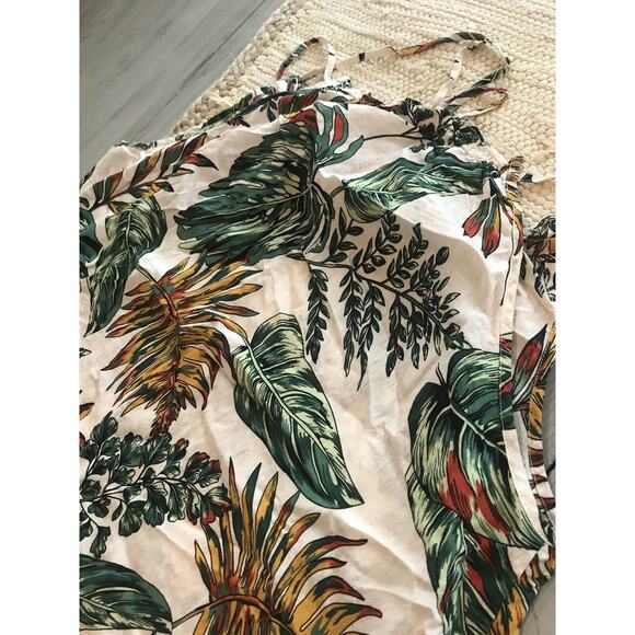 Yumi Day White Green Yellow Tropical Leaves Sun Midi Dress Cover Up Womens Sz L - Picture 11 of 11